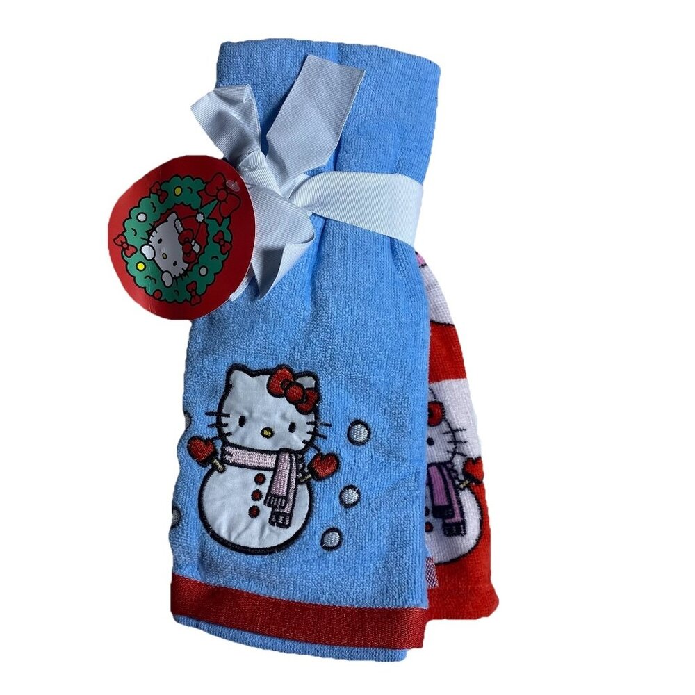 Hello Kitty Hand Towel (2) Cotton Striped Embroidered Christmas Winter 15”x 26”